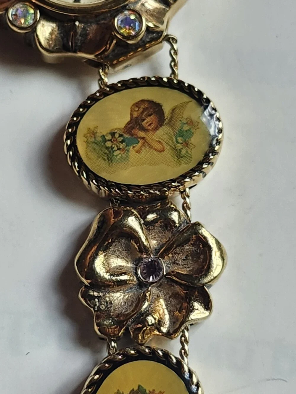 Vintage Gold Tone Floral Bracelet Watch with Cherub Medallions